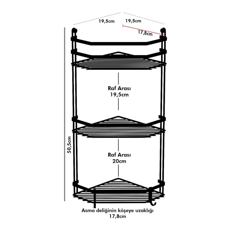 3 Katlı Banyo Köşe Rafı Şampuanlık Askılı Banyo Rafı, Siyah