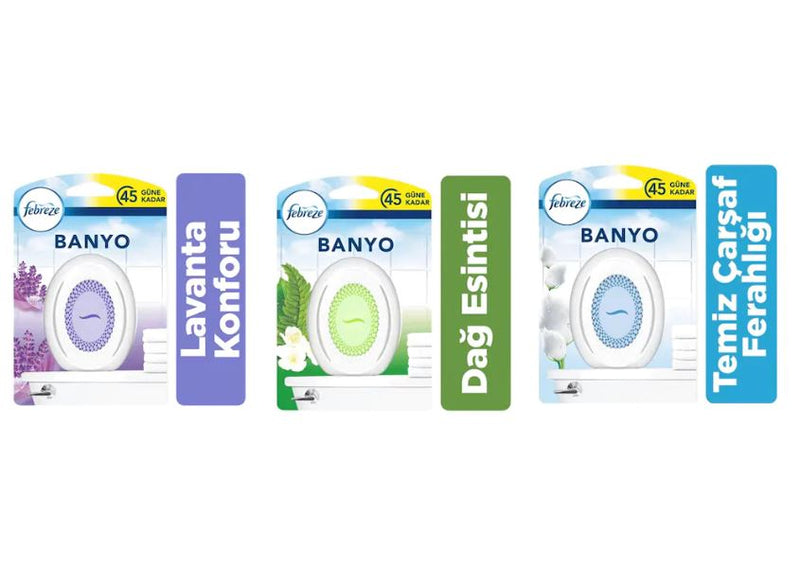 Febreze Hava Ferahlatıcı Banyo Lavanta Ferahlığı & Dağ Esintisi & TemizÇarşaf Ferahlığı 3 x 7,5 ml